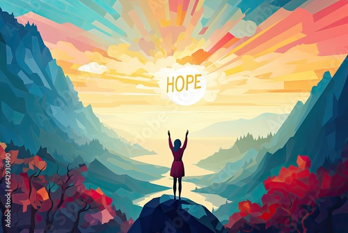 hopeful girl in colorful landscape illustration photo