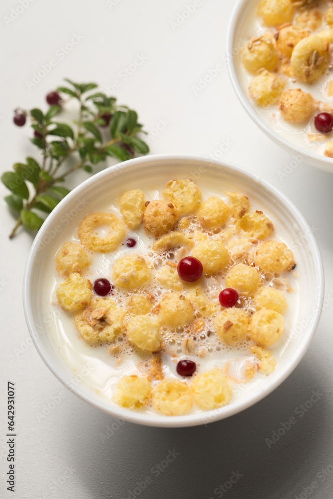 Breakfast with granola, berries and milk in small bowls on a white background Breakfast with granola, berries and milk in small bowls on a white background