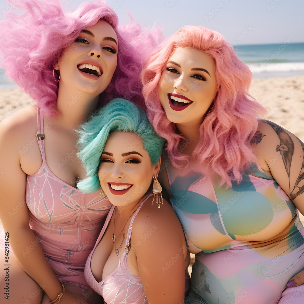 Three beautiful girls with colorfully dyed hair, in swimsuits pose on the beach. Girlfriends celebrate beauty and diversity.