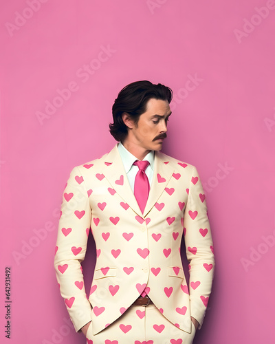 Handsome dark haired young man with mustache in suit with pink hearts, romantic love inspired layout. photo