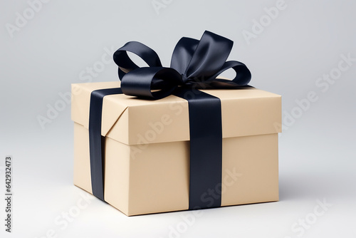 Beige gift box with black bow on gray background. Generative AI