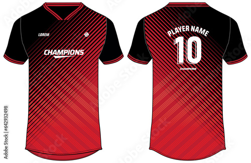 Sport t-shirt jersey design flat sketch illustration, Degrade line pattern v neck Football jersey concept with front and back view for Soccer, Cricket, Volleyball, Rugby, tennis, badminton uniform kit