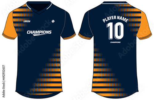 Sport t-shirt jersey design flat sketch illustration, Degrade line pattern v neck Football jersey concept with front and back view for Soccer, Cricket, Volleyball, Rugby, tennis, badminton uniform kit