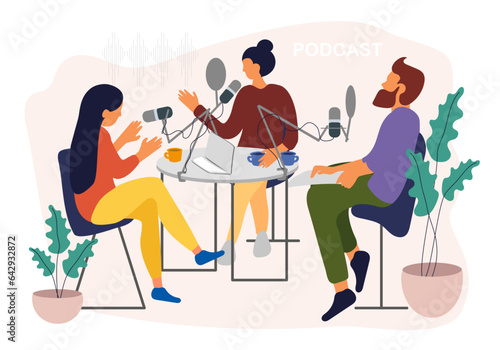 Radio hosts and guest, table laptop mic cup of coffee flat vector illustration. Podcasters talking with guest, spiking to mic, broadcaster at workspace cartoon character