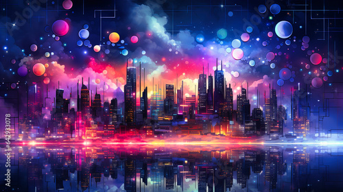 Abstract neon city skyline glowing vibrantly in twilight hues.