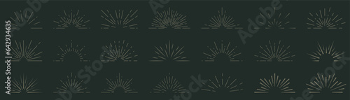 Sunburst element collection. Set of golden radial sunrise. Vintage sunbeam shape collection. Set of retro line sun burst elements