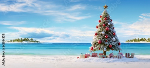 Beach vacation with Christmas vibes and sandy tree. © Postproduction