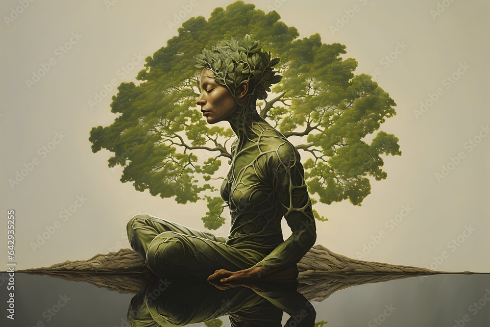 A figure in a tranquil pose, with a tree of mindful thoughts and ...