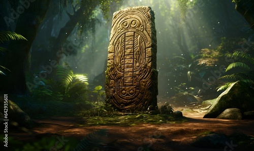 ancient inscriptions in old and mossy green rainforest generative ai