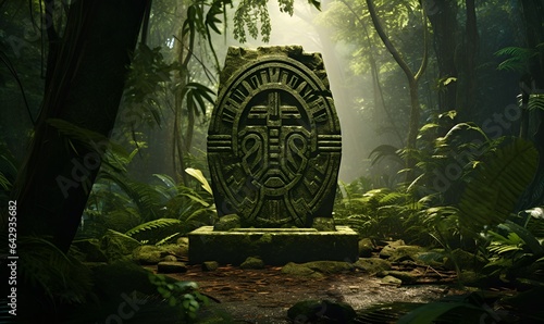 ancient inscriptions in old and mossy green rainforest generative ai