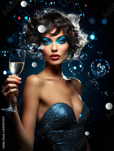 Partying woman portrait with Atlantis theme style. Isolated black background.. Generative AI.