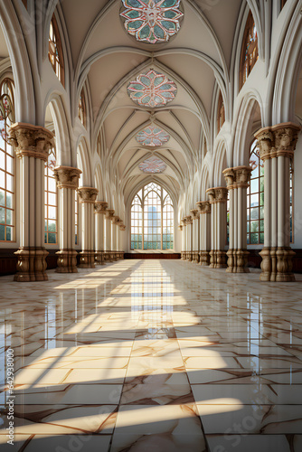 beautiful interior with columns and stained glass windows