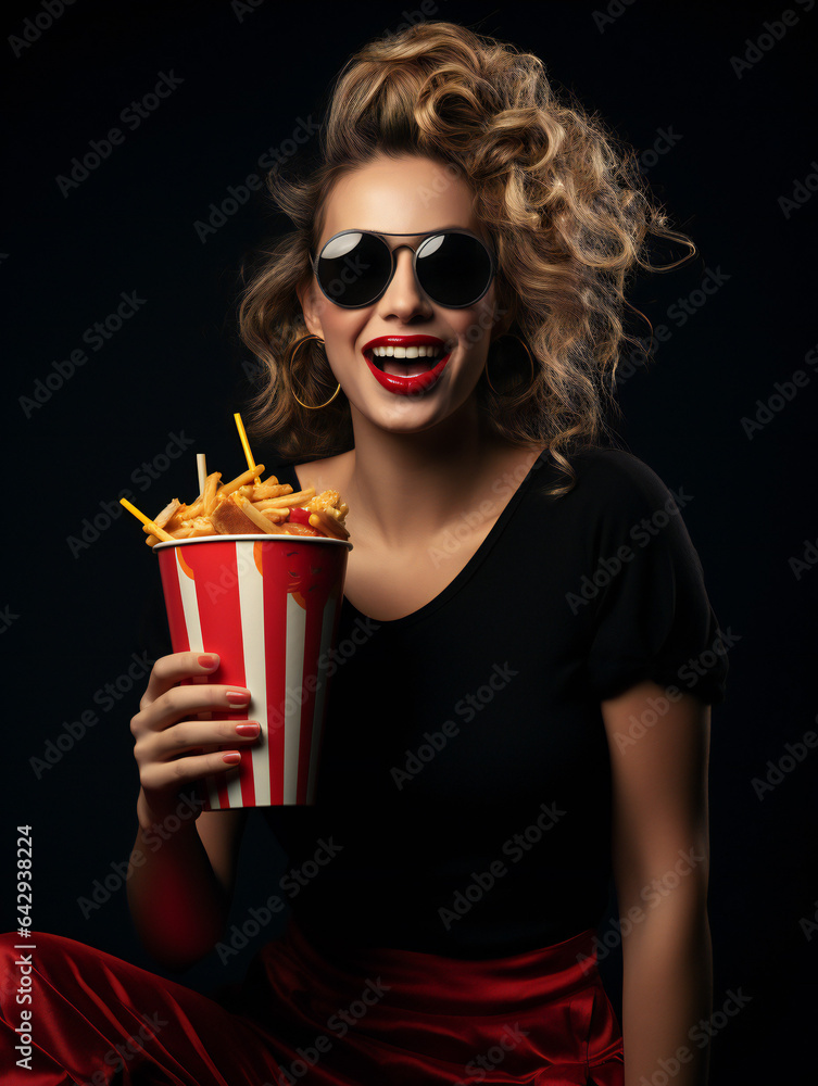 Partying woman portrait with fast food fries theme style. Isolated black background.. Generative AI.