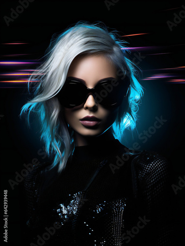Partying woman portrait with techno theme style. Isolated black background.. Generative AI.