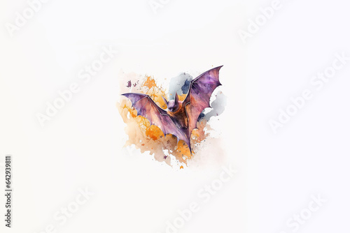 Watercolor illustration of a bat flying on a white background. Halloween concept