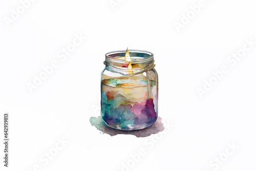 Watercolor painting of a burning candle in a glass jar on a white background photo