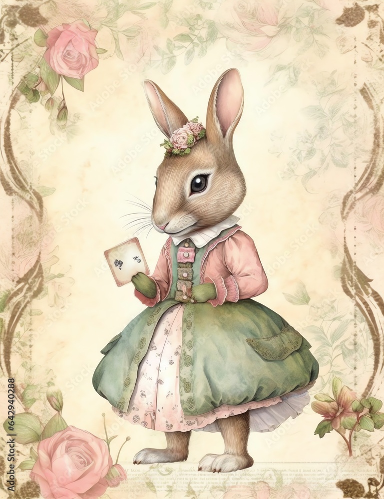 Obraz premium rabbit with clothes animal old paper, vintage junk journal digital paper