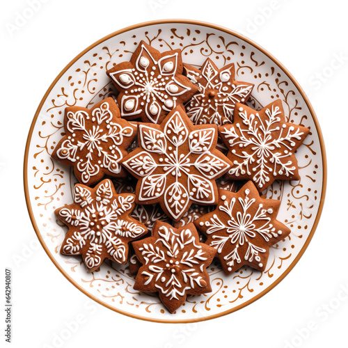 Top view of Gingerbread Cookies kept on vintage plate isolated on transparent background.