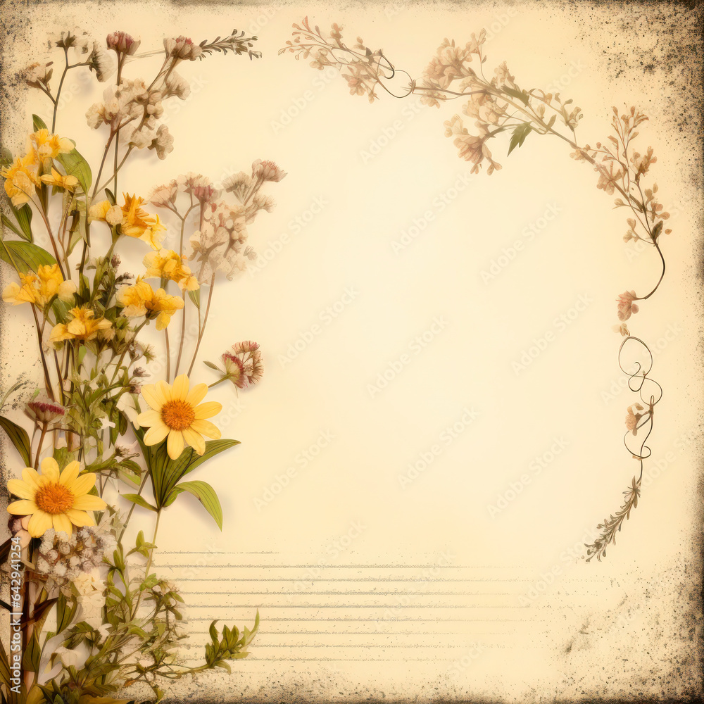 Background. Retro postcard with torn edges framed with wildflowers.