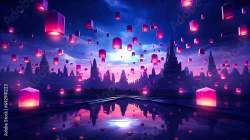 Floating neon lanterns rising to an ethereal skyline. © SK