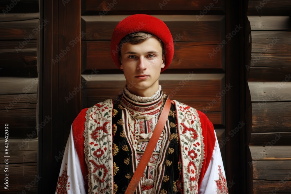 Fototapeta premium Traditional male portrait in historic clothing. Cultural fashion and style. Concept of historical elegance and masculine heritage.