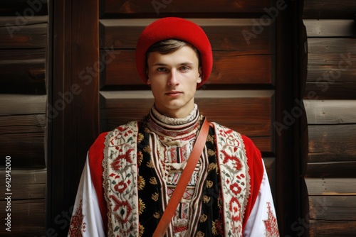 Traditional male portrait in historic clothing. Cultural fashion and style. Concept of historical elegance and masculine heritage.