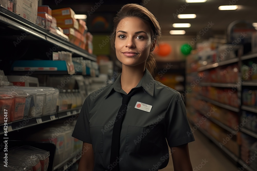 a young cheerful female in a grey shirt, tie working as a sales assistant in a grocery shop or a supermarket, studio light.