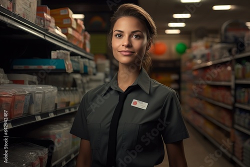 a young cheerful female in a grey shirt, tie working as a sales assistant in a grocery shop or a supermarket, studio light. photo