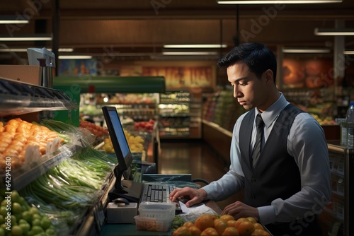 a young cheerful male in a grey shirt, tie and apron working as a sales assistant in a grocery shop or a supermarket, studio light. photo
