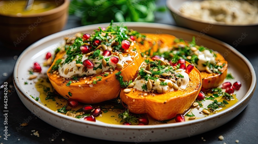 roasted butternuts with pomeal and walnuts on a white plate, topped with chopped parise roasted butternuts with pomeal and walnuts on a white plate, topped with chopped parise