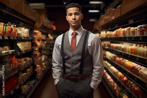 a young cheerful male in a grey shirt, tie and apron working as a sales assistant in a grocery shop or a supermarket, studio light. photo