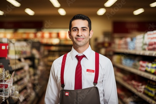 a young cheerful male in a white shirt, tie and apron working as a sales assistant in a grocery shop or a supermarket, studio light. photo