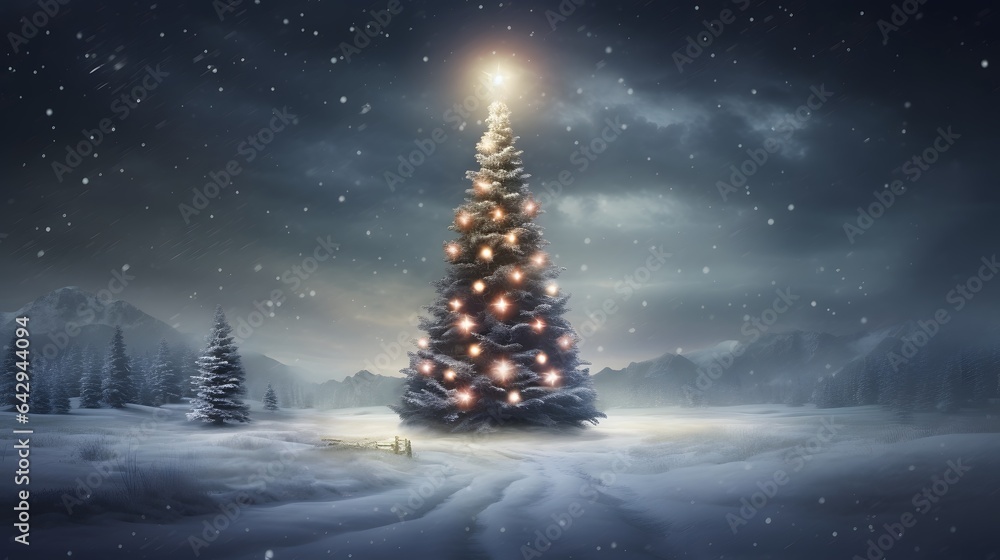 A beautifully lit Christmas tree in a winter wonderland