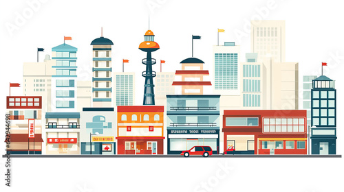 City illustration. Towers and buildings in modern flat style on white background. Japanese signs  Shop  and  Electronics.