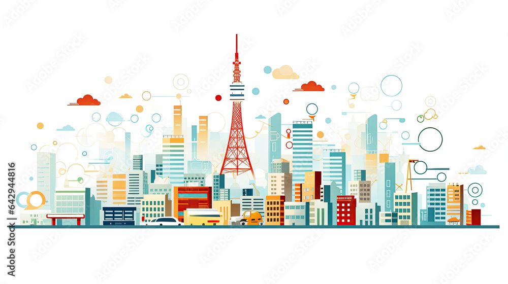 City illustration. Towers and buildings in modern flat style on white background. Japanese signs 
