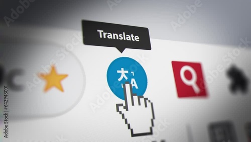 Animated Mouse Cursor Clicking Translator Button on Browser. Fictitious Data Created Exclusively for This Concept Footage
