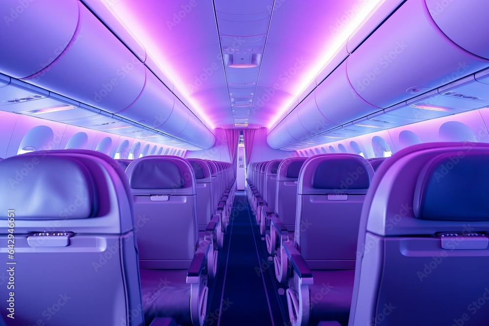 Empty passenger airplane seats in the cabin in neon light Empty passenger airplane seats in the cabin in neon light