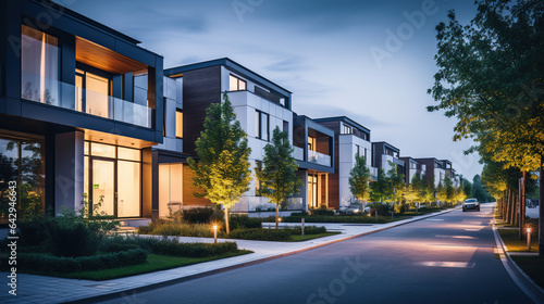 House building and city construction concept: evening outdoor urban view of modern real estate homes © Sasint