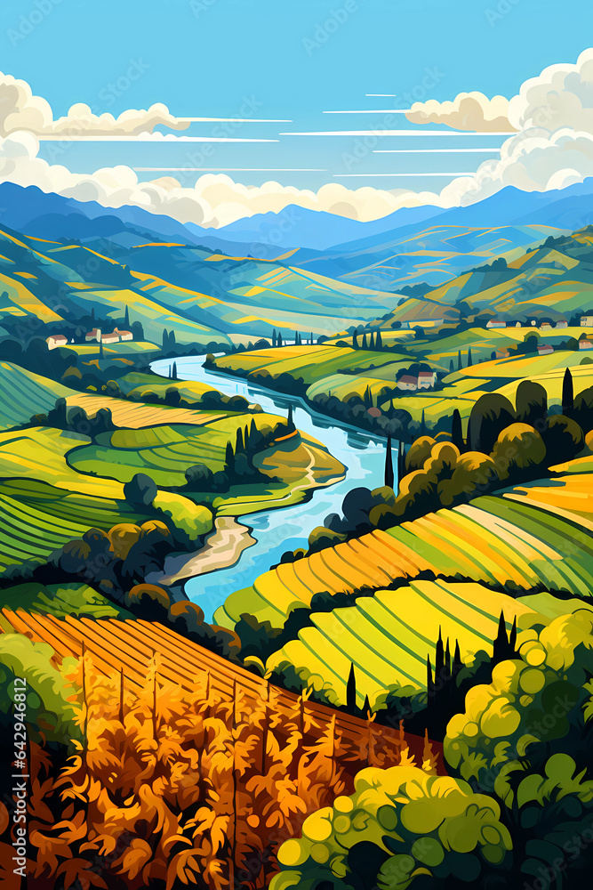 Illustration of a beautiful view of the vineyard terraces - obrazy, fototapety, plakaty 