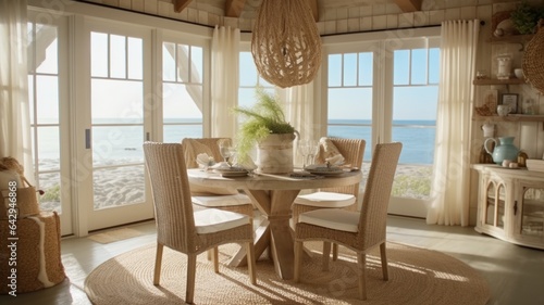 Interior design inspiration of Coastal Rustic style home dining room loveliness decorated with Wood and Wicker material and Rope Chandelier .Generative AI home interior design .
