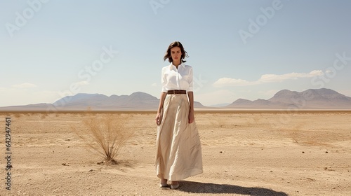 Model in the middle of a vast desert, the beauty of skin contrasting with arid environment, ample negative space around.