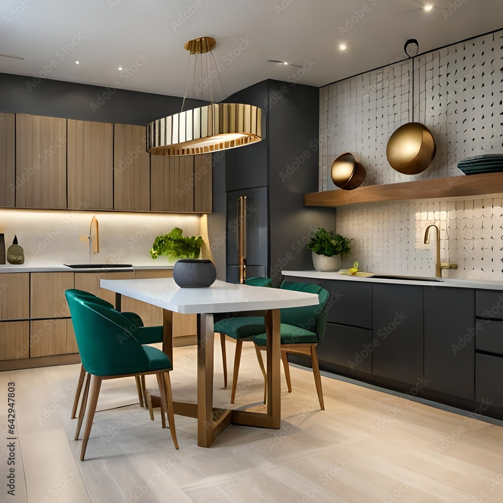 Interior design of harmonized dining room with kitchen, round table