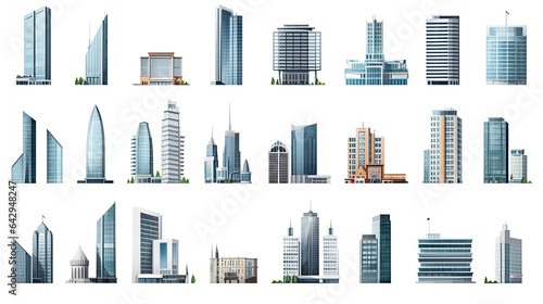 Set of different skyscraper buildings isolated on white.