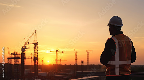 Silhouette engineer standing orders for construction crews to work on high ground heavy industry and safety concept over blurred natural background sunset © Sasint