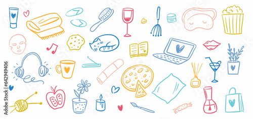 Vector collection of elements of self-care, time for yourself, time of beauty and relaxation.	