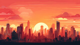 Sunset or sunrise Modern city skyscrapers panorama of tall buildings, urban background. Pop art retro vector illustration comic style vintage