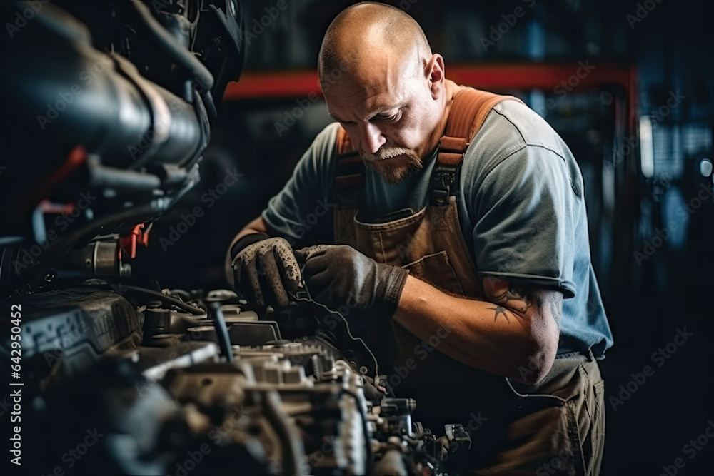Automotive Mechanic Job. Caucasian Auto car Service Worker and the Vehicle
