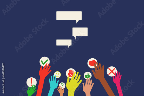 Hands reach for correspondence. Everyone has their own opinion. Debate. Freedom of speech. Reaction to dialogue.