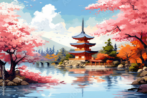 color water illustration Japan landscape  river view oil painting style  ai generated 