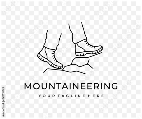 Feet in boots, walking hiking in mountains and mountaineering, linear graphic design. Climbing, hike, tourism, travel, traveling and journey, vector design and illustration